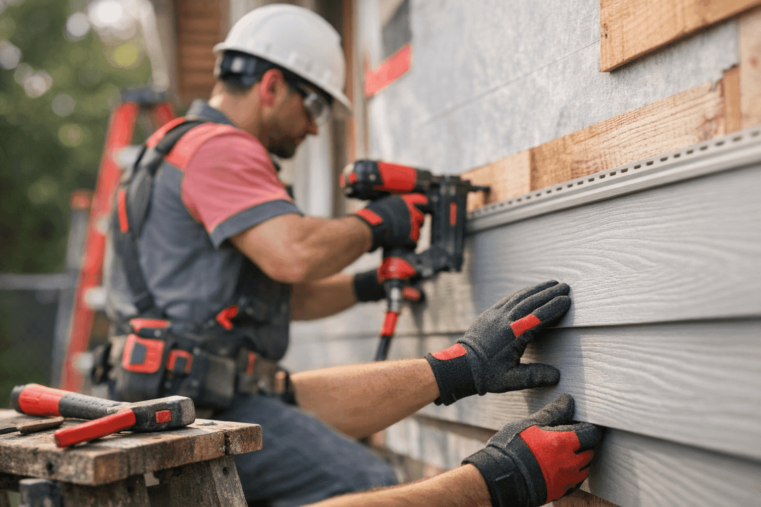 Professional worker installing residential siding wearing safety gear on a clean job site