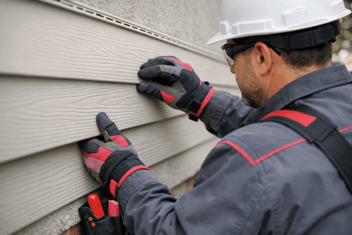 Close-up of gloved hands fitting vinyl siding panel on house exterior with safety gear
