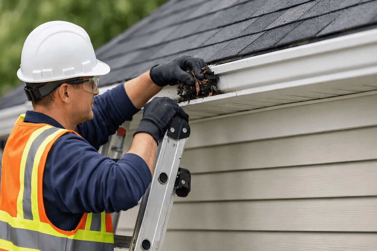 Homeowner cleaning gutters above well-maintained siding