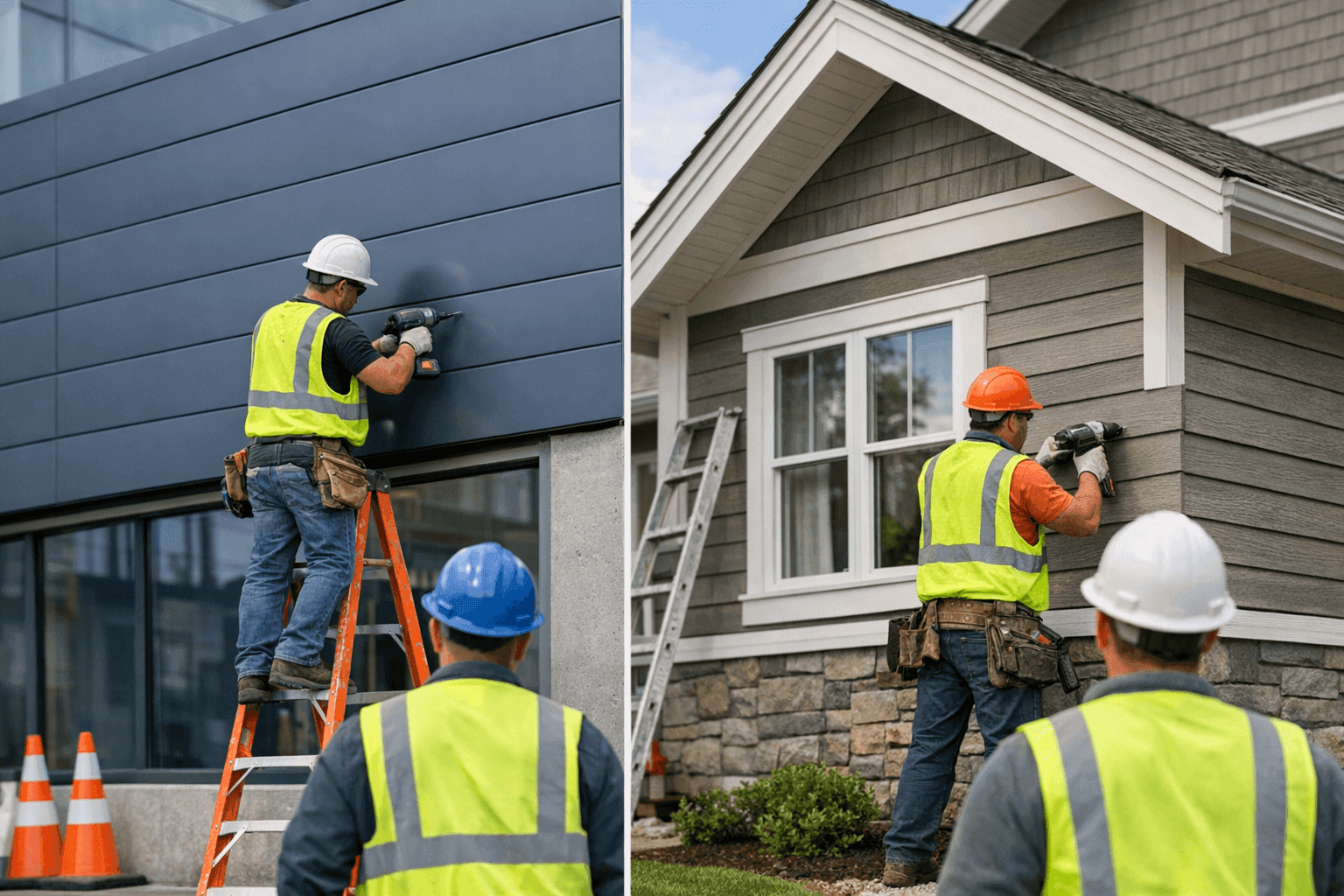 Side-by-side comparison of commercial and residential building siding