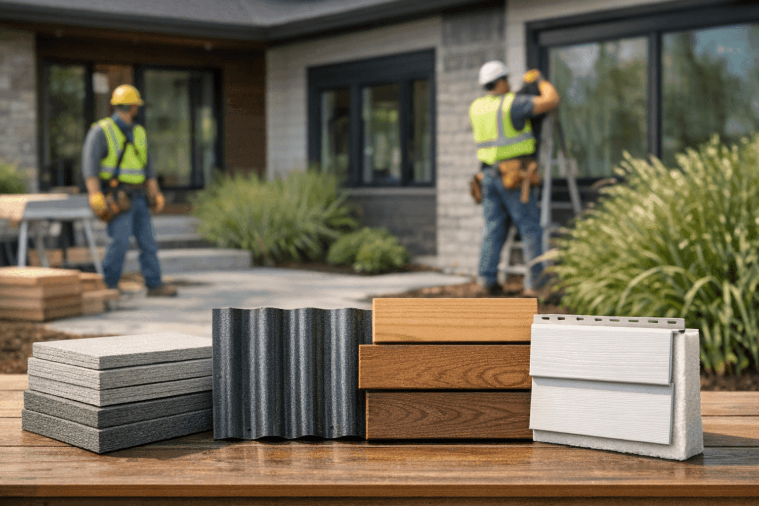Eco-friendly siding materials displayed outside modern home