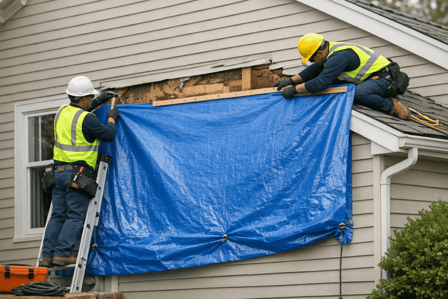 Temporary tarp covering storm-damaged siding on house
