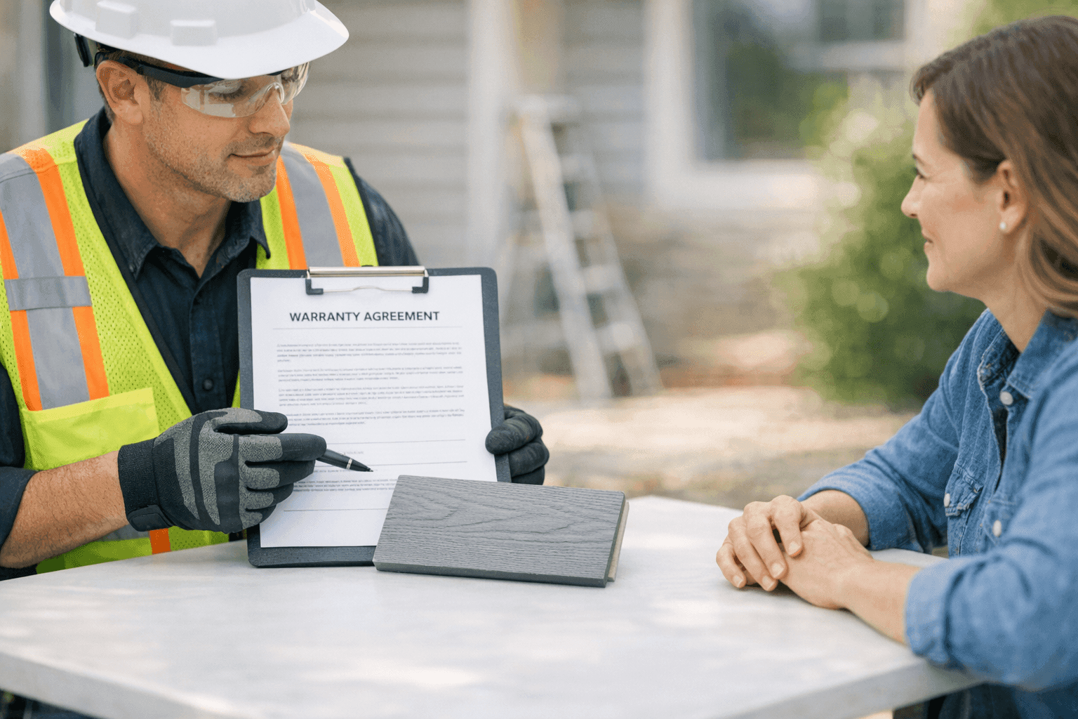 Contractor showing warranty paperwork and siding sample to homeowner