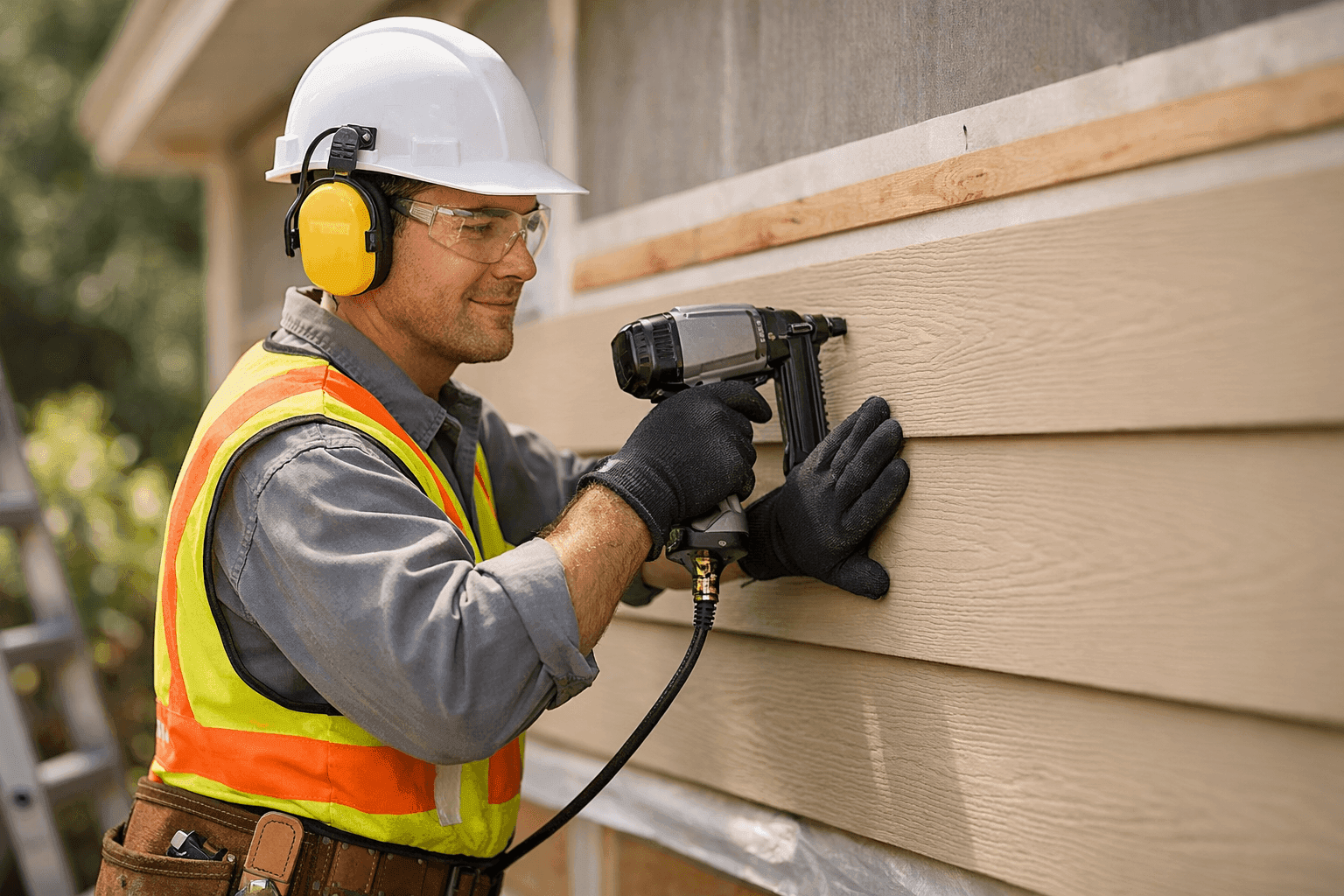 Contractor installing fiber cement siding on house exterior