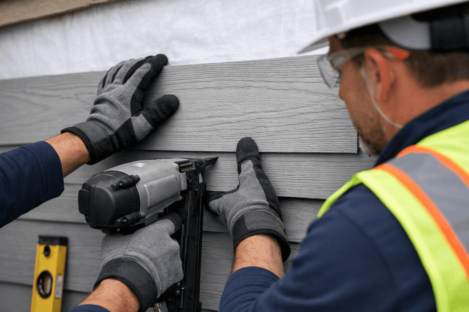 Fiber cement siding being installed on a modern home exterior