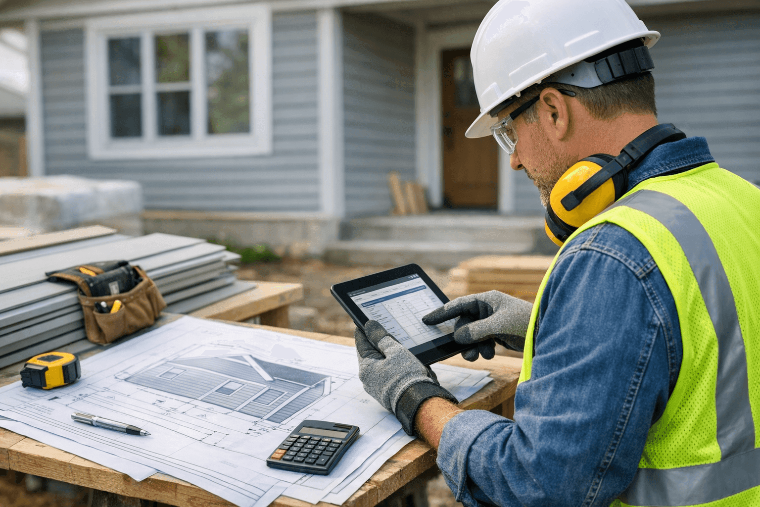Siding contractor preparing a cost estimate on site with tablet and blueprints