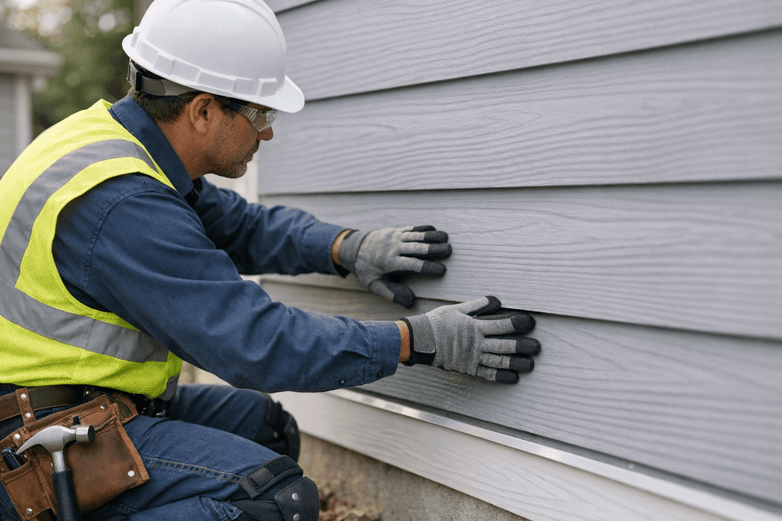 Technician checking installed siding for gaps and proper fit