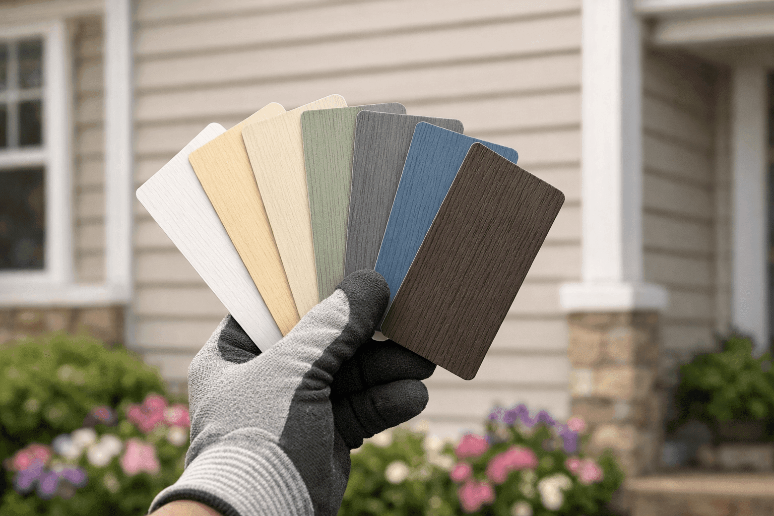 Designer comparing siding color swatches against a home's exterior