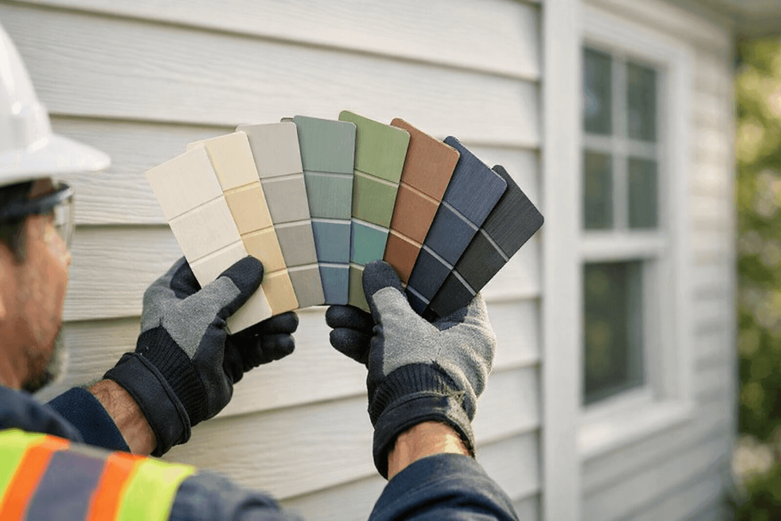 Siding color swatches held up against house exterior