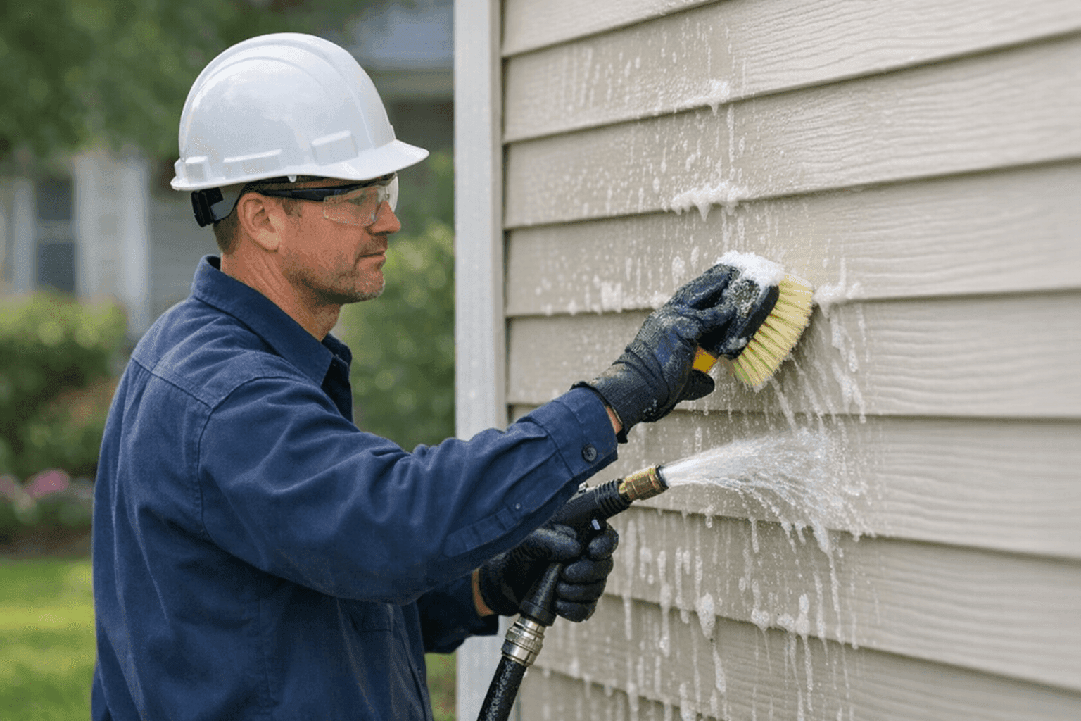 Homeowner safely cleaning siding using a low-pressure hose and soft brush