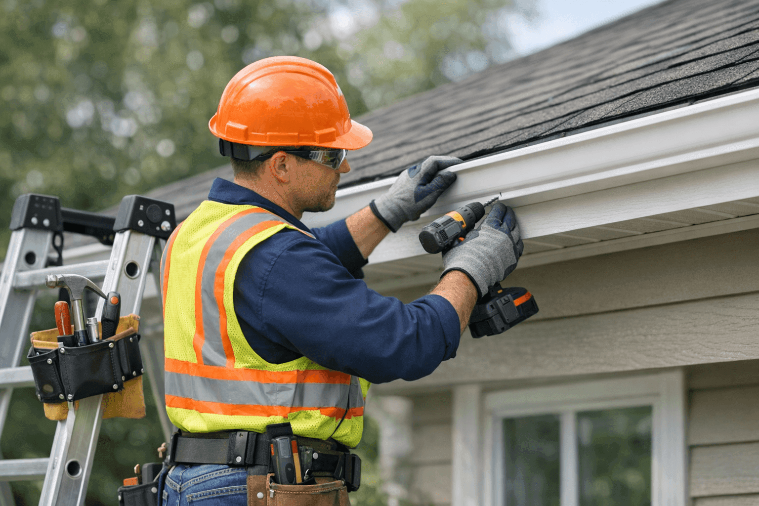 Technician installing new rain gutters along a residential roofline