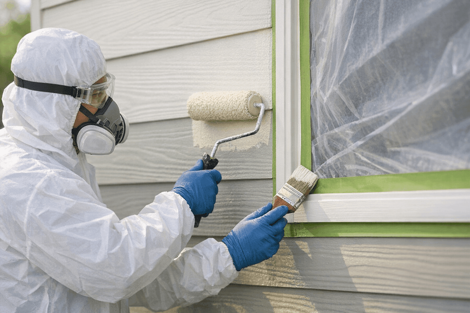 Technician professionally painting exterior siding with roller and brush