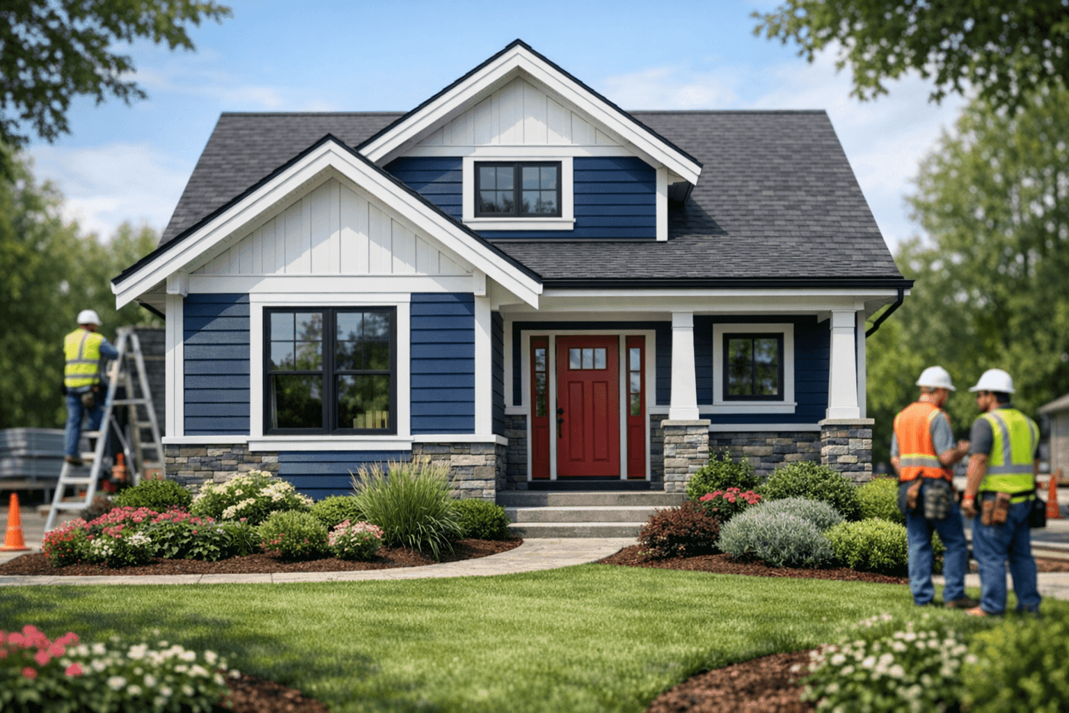 Home with eye-catching siding and landscaping for curb appeal