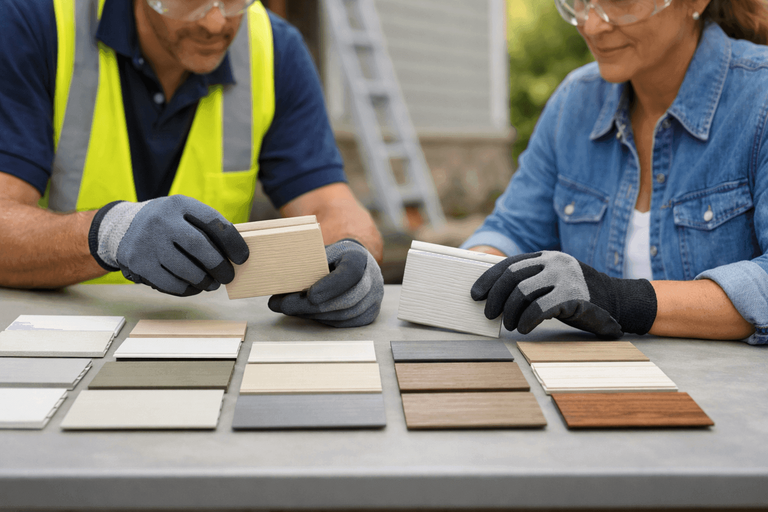Contractor presenting siding material samples to homeowner