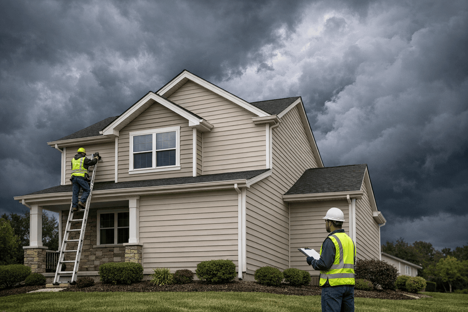 Storm clouds over house with well-maintained siding