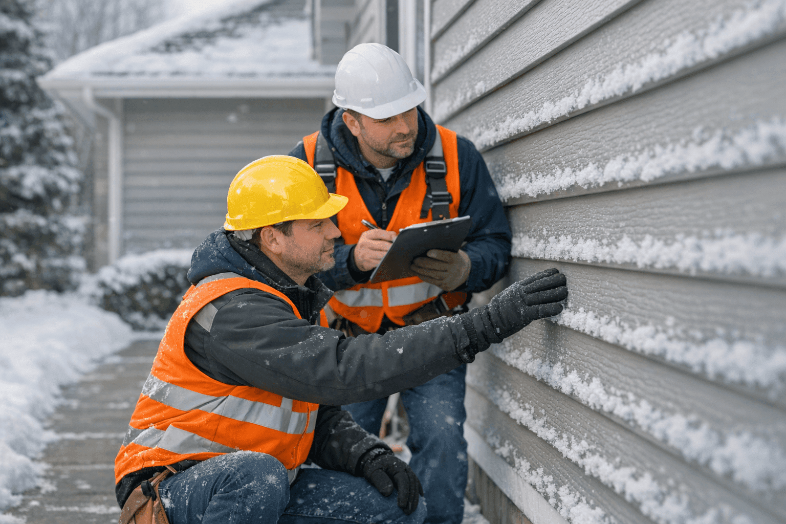 Snow covering house roof and siding with clear pathways