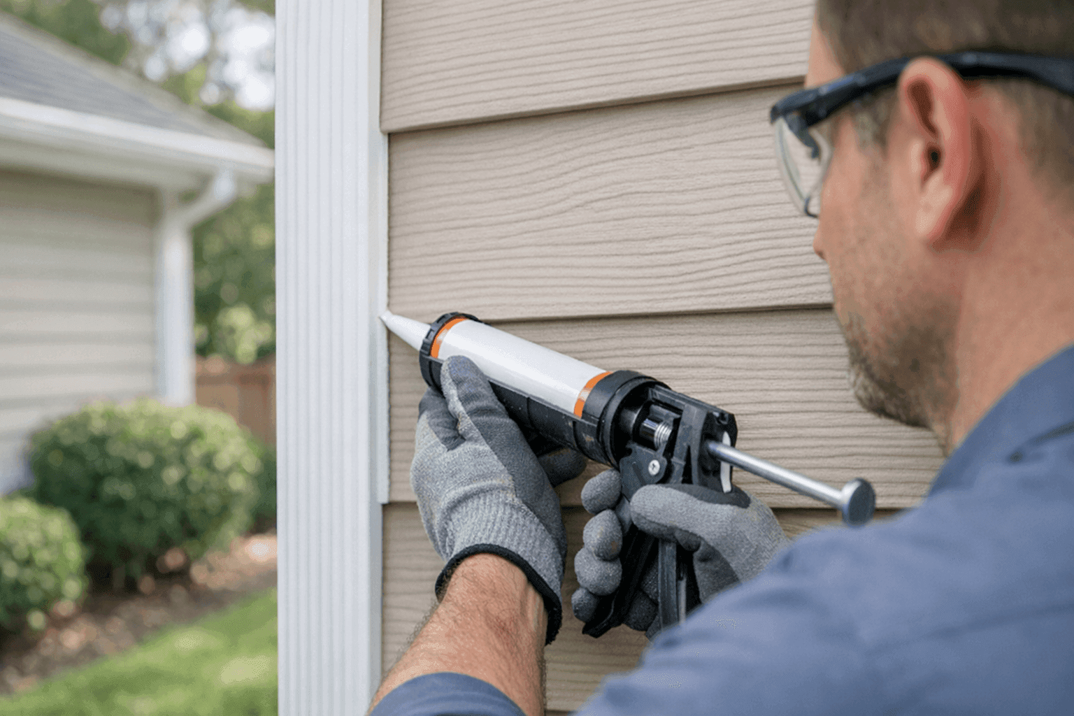 Homeowner sealing siding gaps to prevent pests