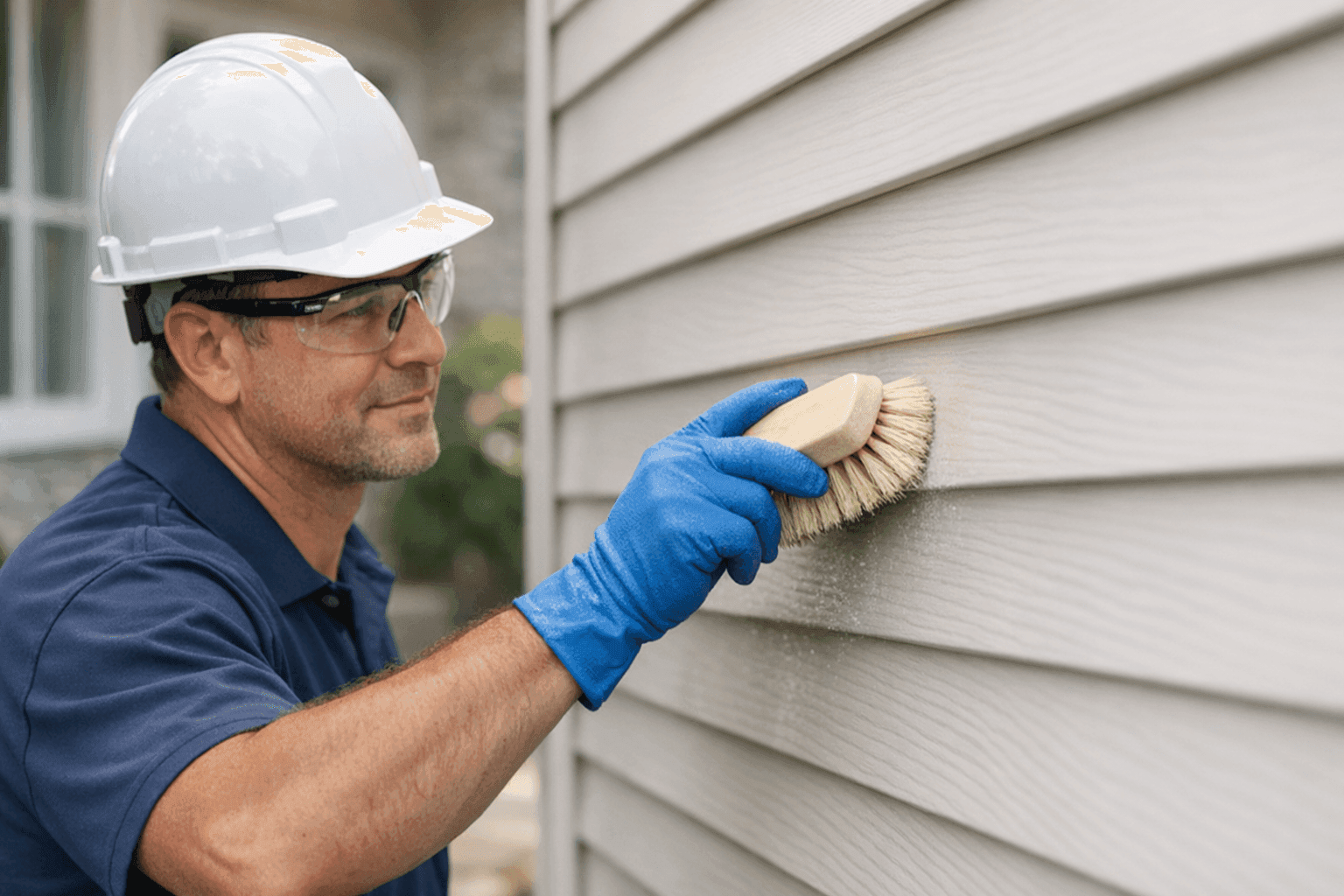 Homeowner removing a stubborn stain from vinyl siding with soft brush