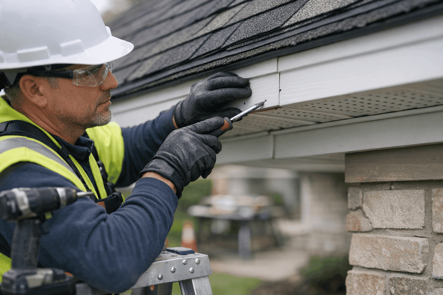 Technician repairing soffit and fascia on house roof edge