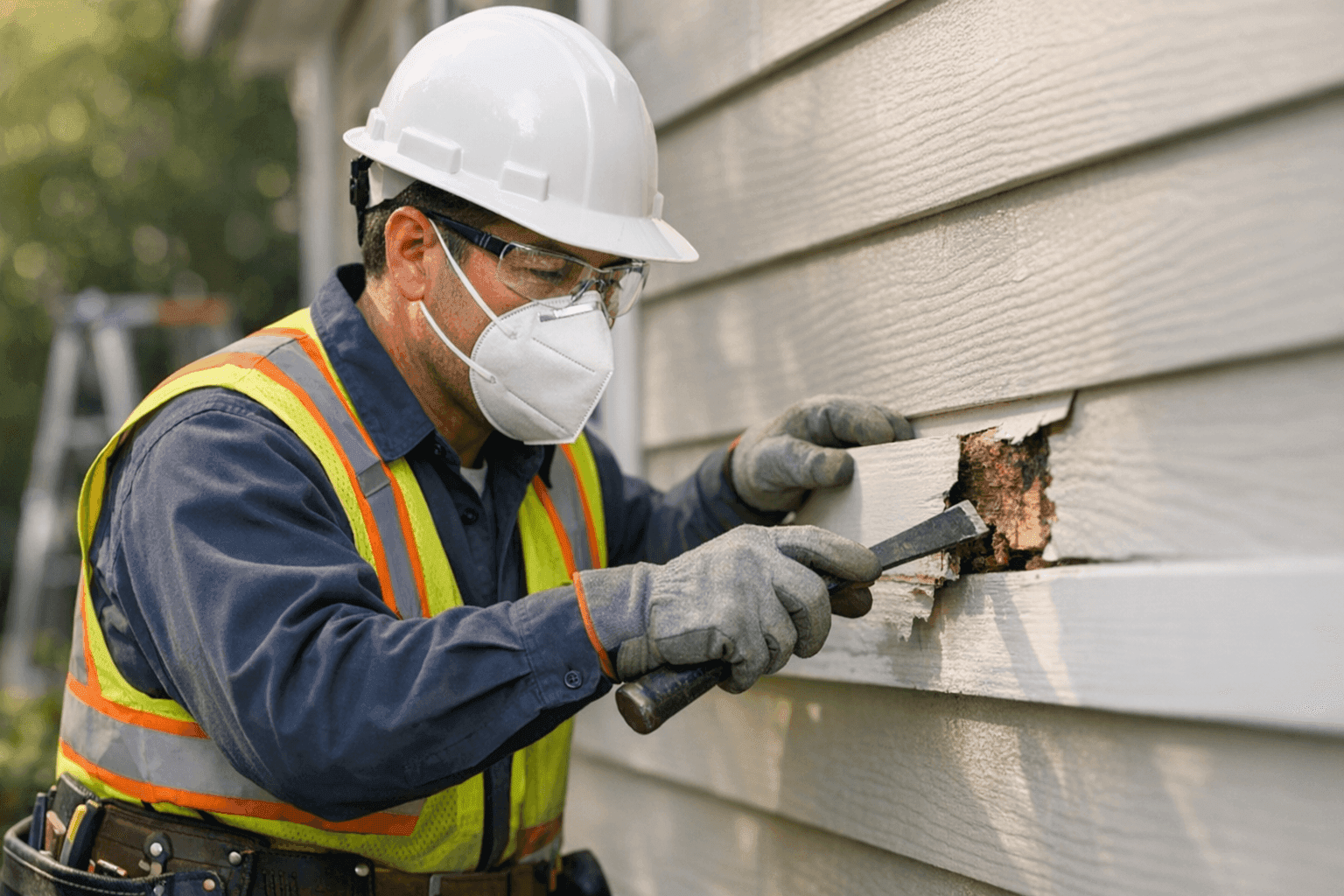 Technician repairing damaged siding trim with hand tools