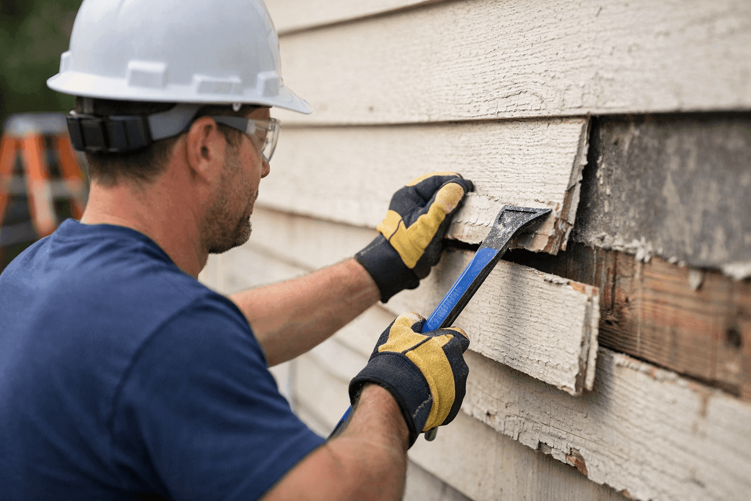 Technician removing old siding panels with pry bar and gloves
