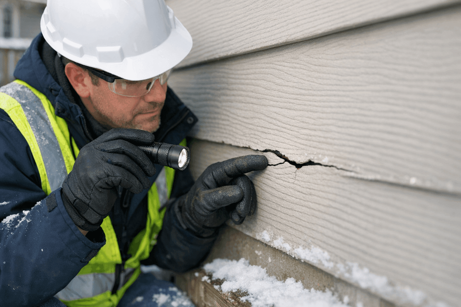 Cracked siding after freeze with technician inspecting damage