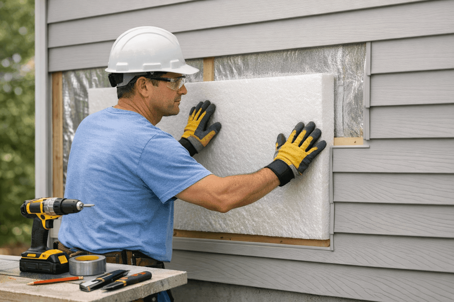 Technician placing insulation behind new siding on a residential wall