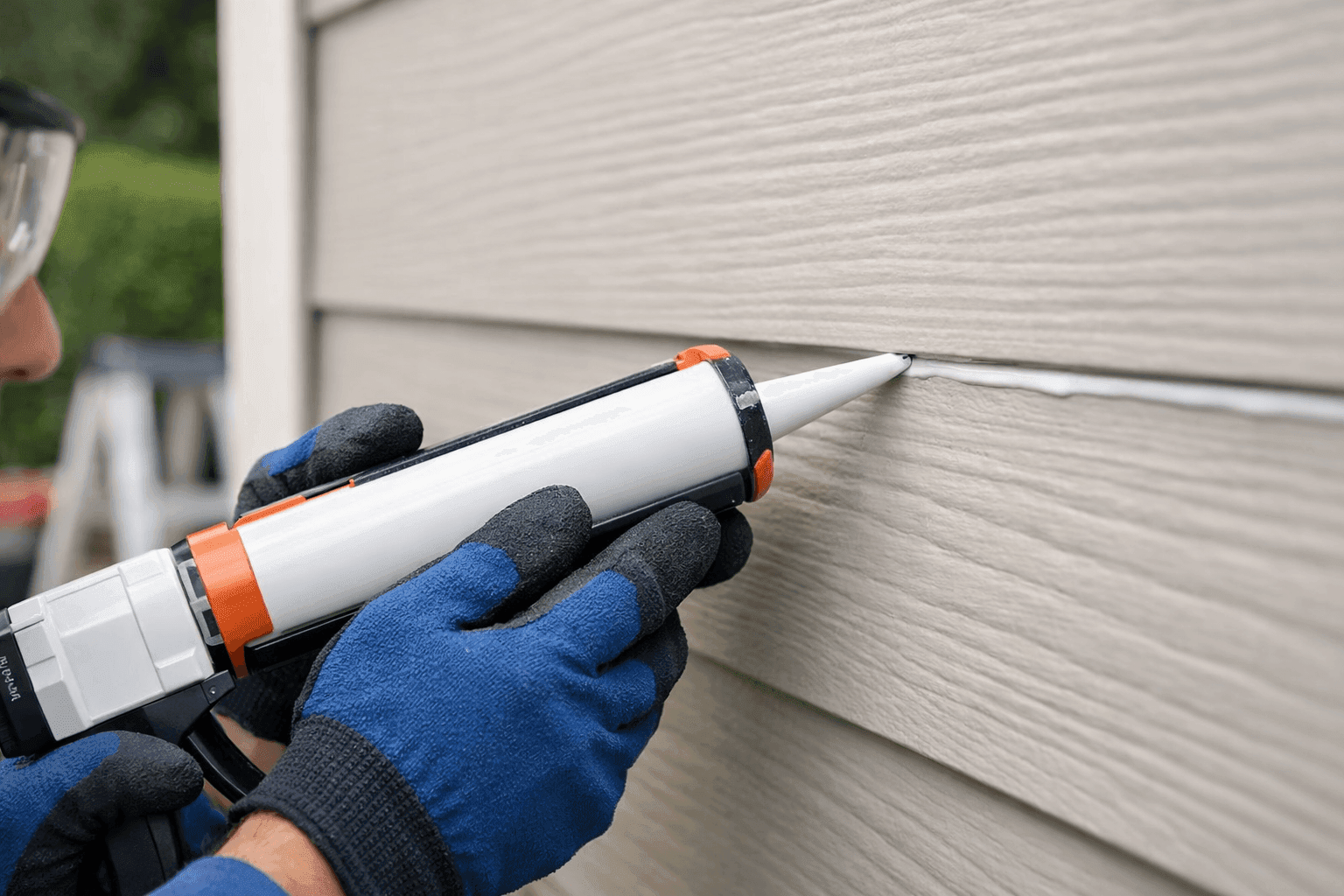 Technician applying caulk to exterior siding joints on a home