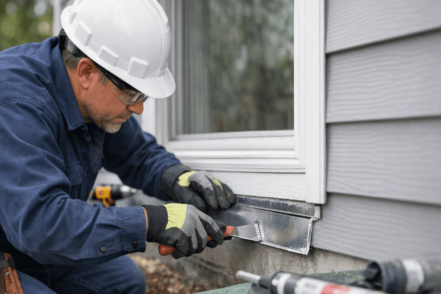 Technician repairing siding flashing at window edge of home