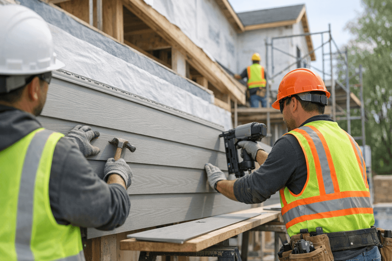 New home construction with siding installation in progress