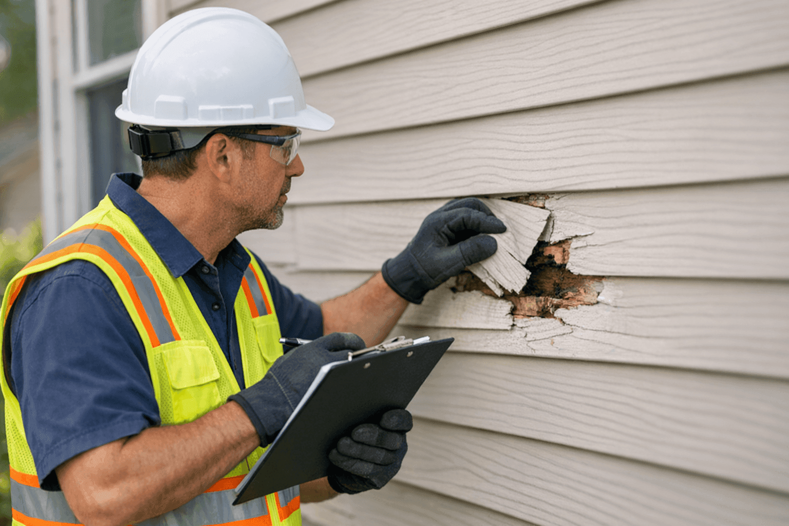 Contractor examining damaged siding and taking notes