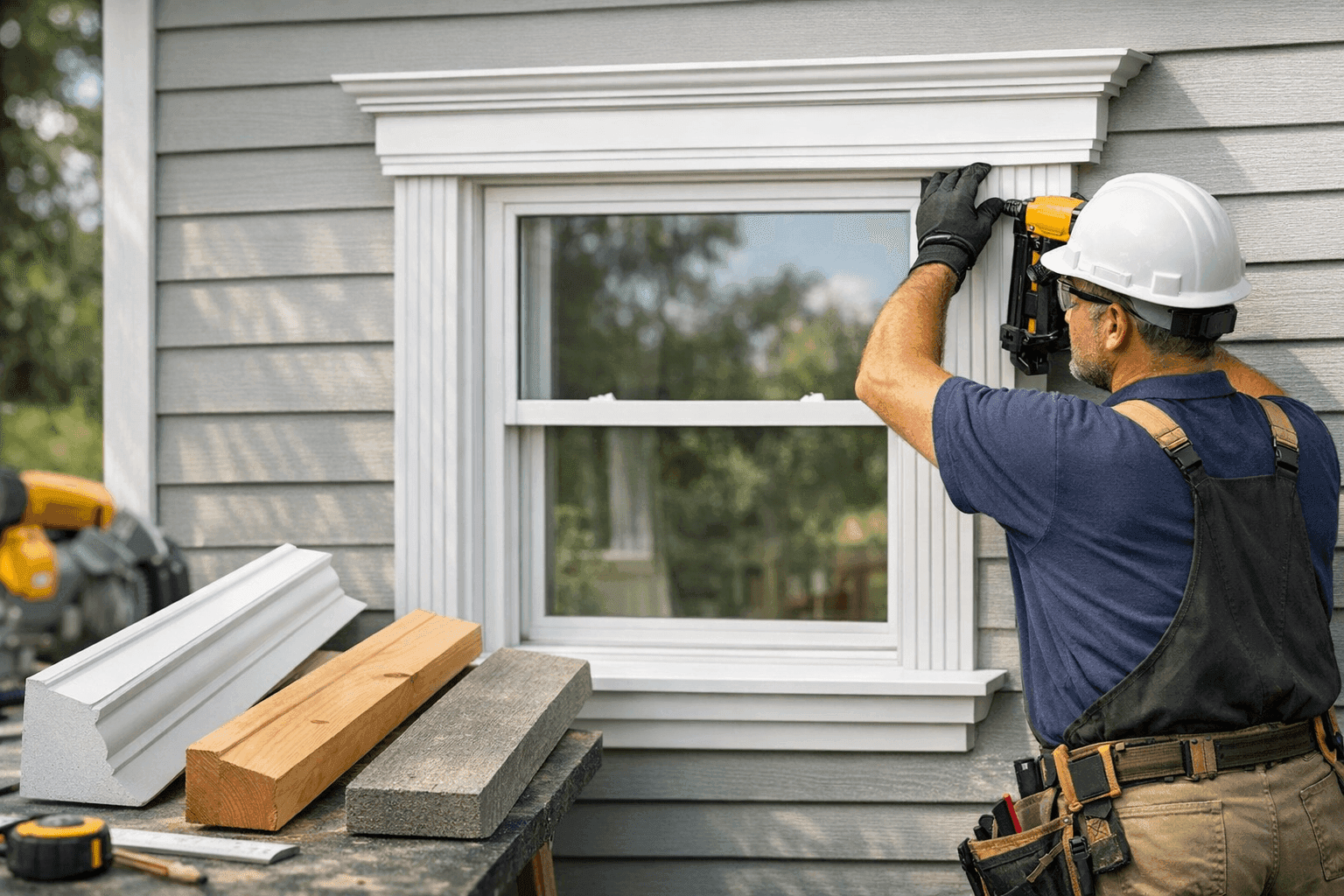 Closeup of decorative siding trim and molding on home