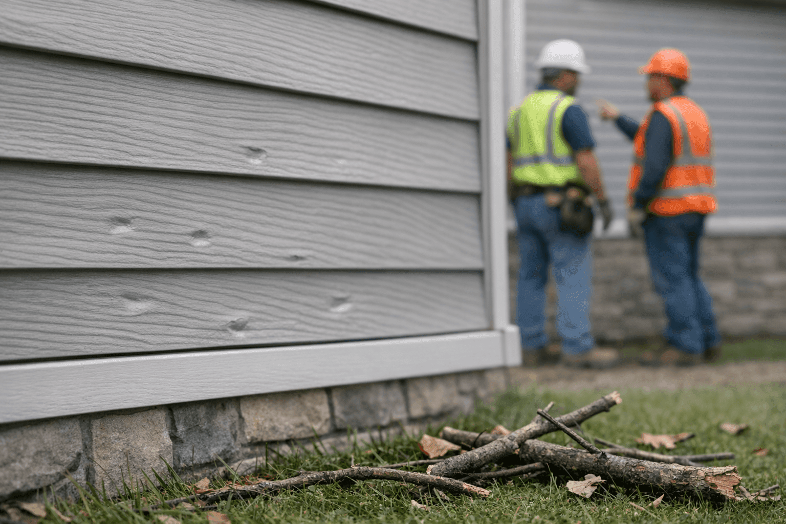 Home siding with visible storm damage and debris