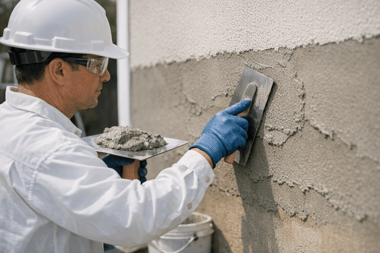 Technician applying stucco siding to a residential exterior wall