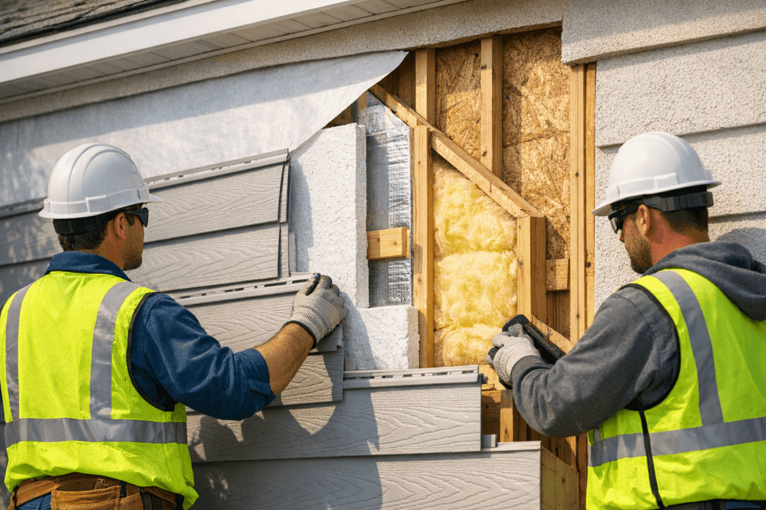 Cross-section of insulated siding installed on house wall