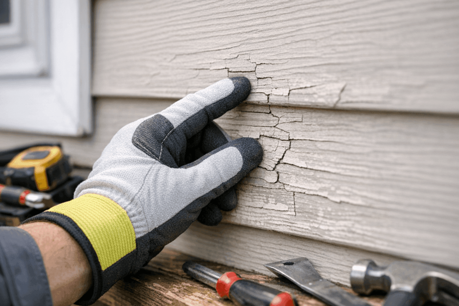 Close-up of cracked and faded siding being inspected by a gloved hand