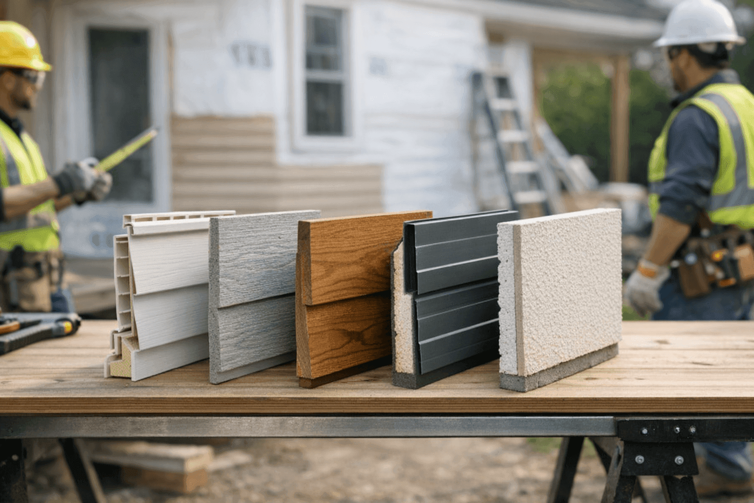 Close-up of various residential siding materials displayed side by side