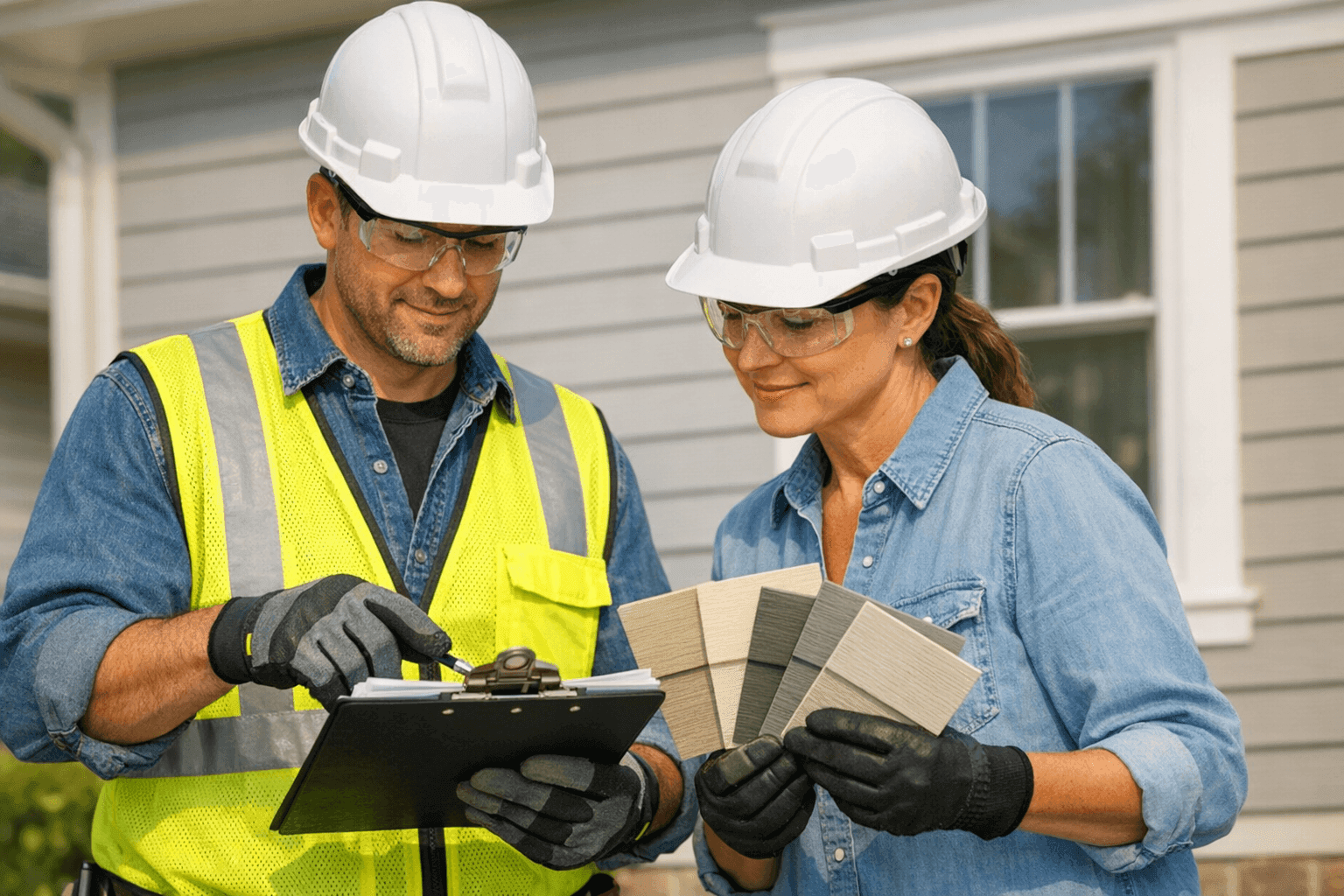 Siding specialist discussing options with a homeowner outside of a house
