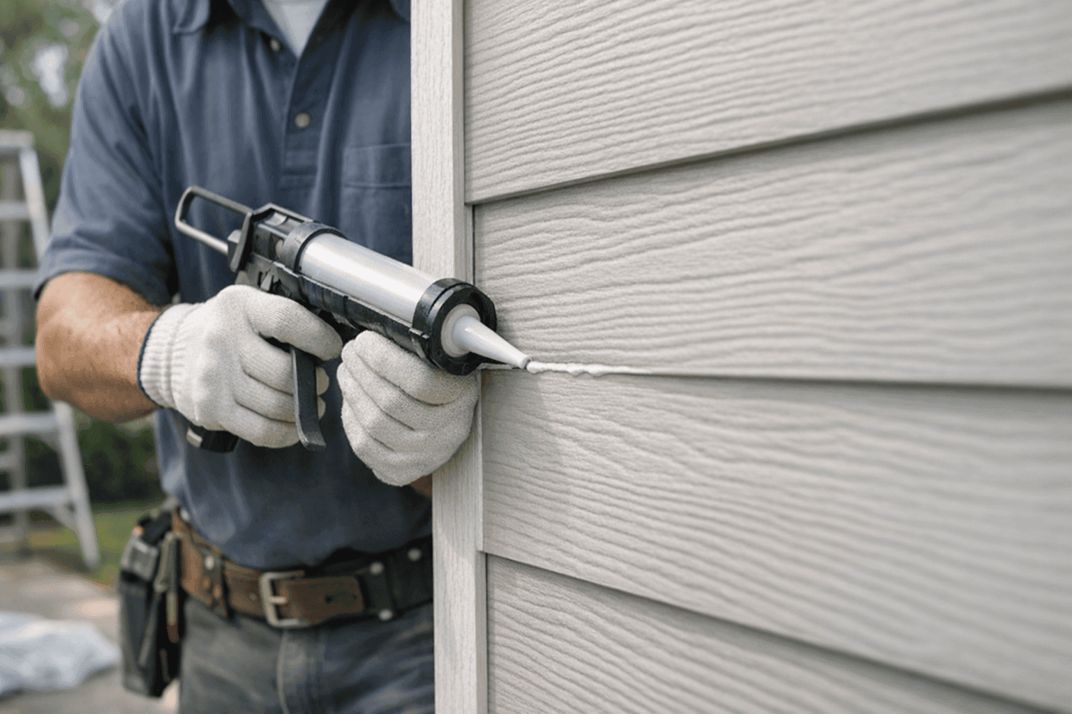 Contractor applying caulk to siding seam on house exterior