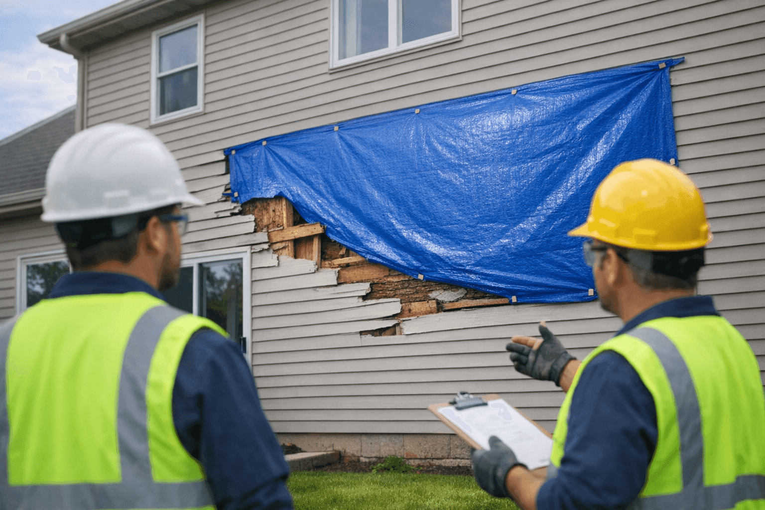 Siding ripped off house after severe storm; tarp covers damaged area